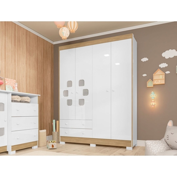 Guarda Roupa Infantil Luna 4 Portas 2 Gavetas Externas Branco