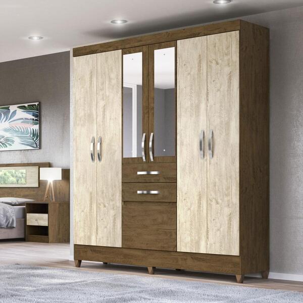 Guarda Roupa Mafra 6 Portas Com Espelho 2 Gavetas Castanho Av