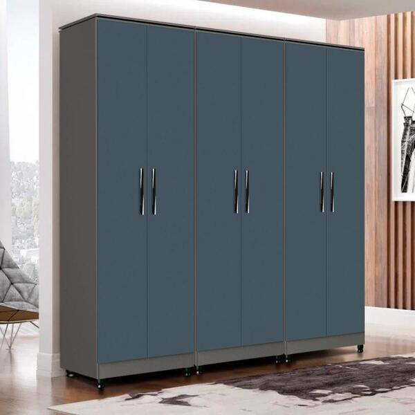 Guarda Roupa Modulado Casal 6 Portas 3 Peças Grafite Azul Del