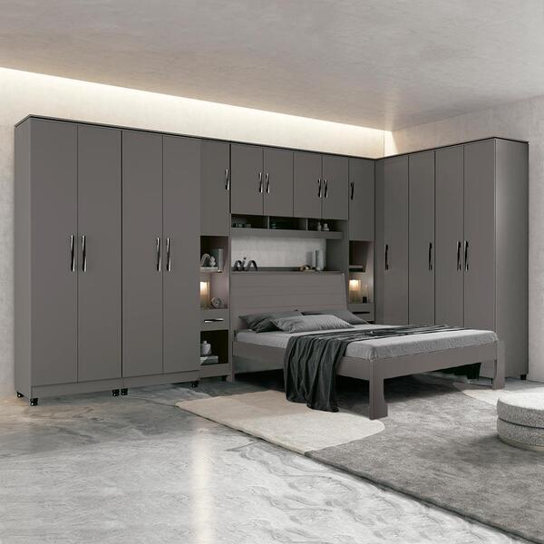 Guarda Roupa Modulado Com Cama Casal 8 Peças 14 Portas Grafit