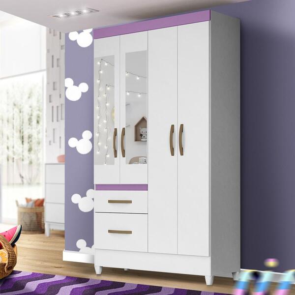 Guarda Roupa Pequeno Com Espelho 4 Portas Infantil Branco Lil