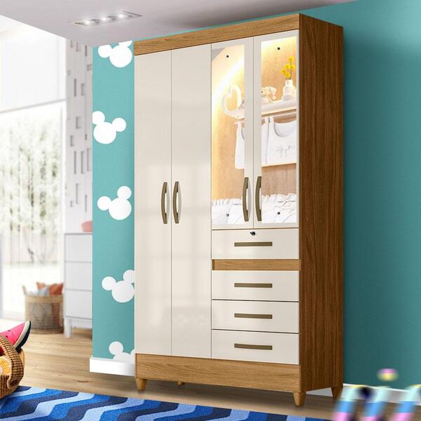 Guarda Roupa Pequeno Com Espelho 4 Portas Infantil Freijó Off