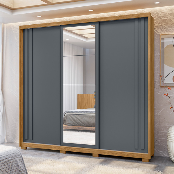 Guarda Roupa Poder 3 Portas De Correr Freijó Cinza Bnn Decor