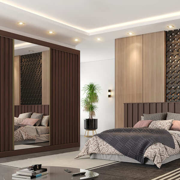 Guarda Roupa Ripado Com 3 Portas De Correr E Espelho Central