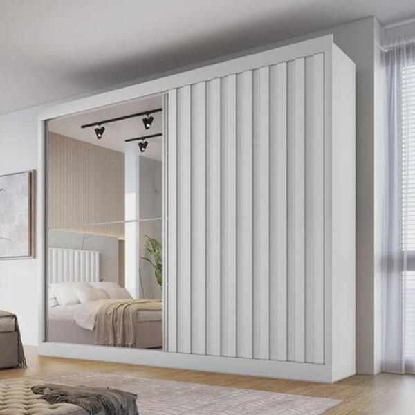 Guarda Roupa Ripado Com Espelho Atlanta-branco Acetinado Made