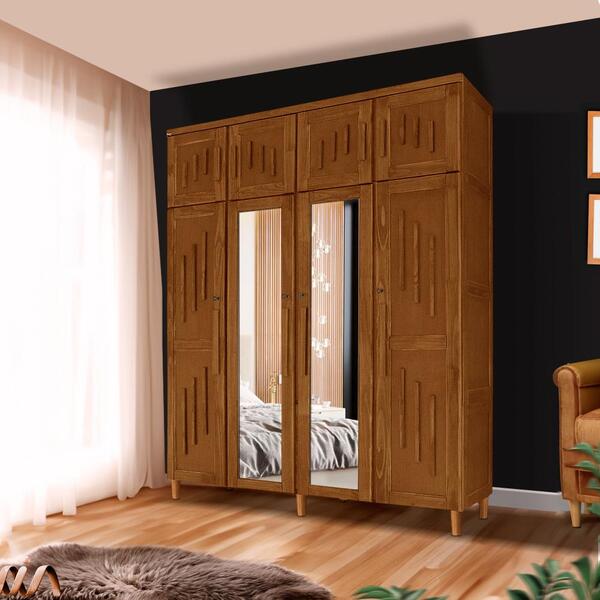 Guarda Roupa Rústico Em Madeira Maciça Com Espelho Castanho B