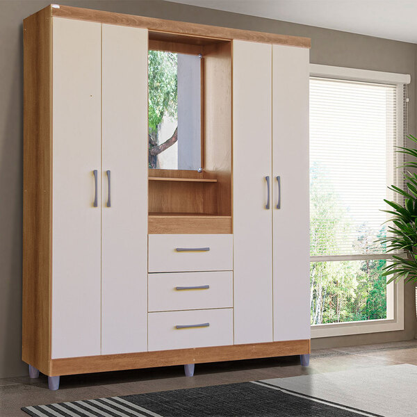 Guarda-roupa Solteiro 04 Portas 03 Gavetas E Espelho Lyon Mel