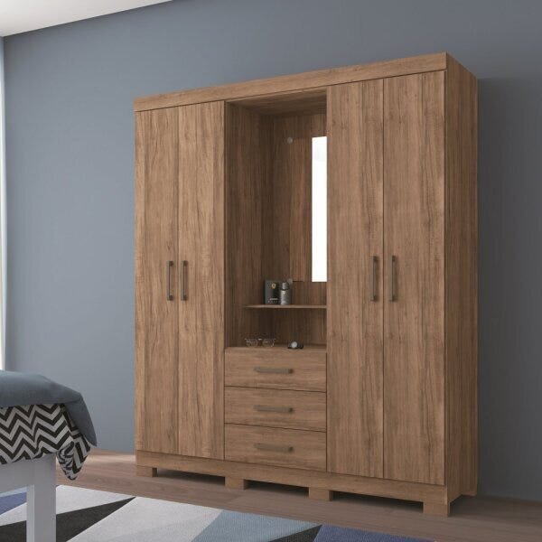 Guarda Roupa Solteiro 159cm 4 Portas 3 Gavetas Com Espelho Ca