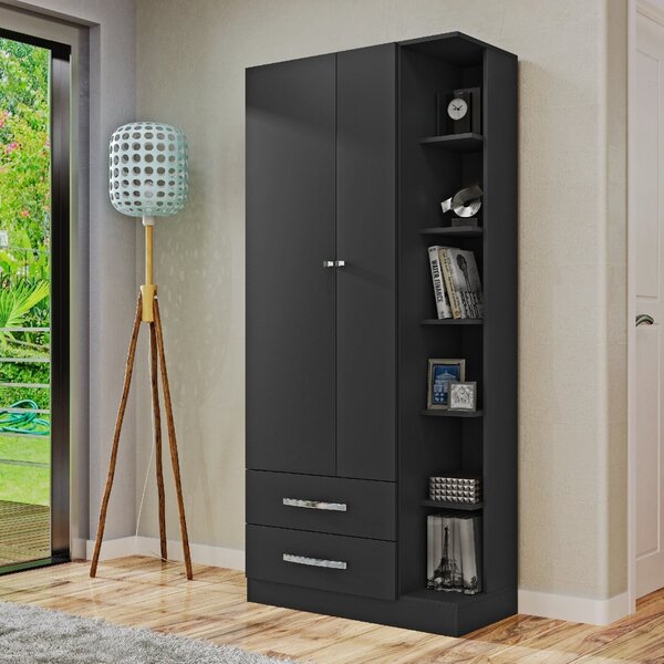 Guarda Roupa Solteiro 2 Portas 2 Gavetas Moju  Preto Fosco