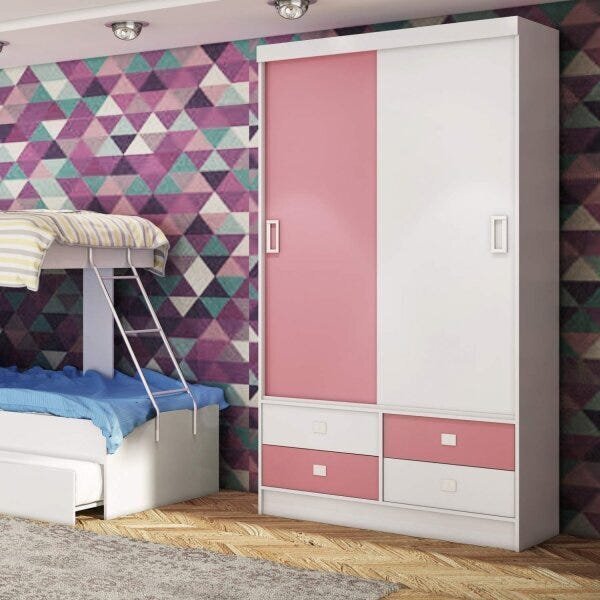 Guarda-roupa Solteiro 2 Portas 4 Gavetas 1450  Branco/rosa
