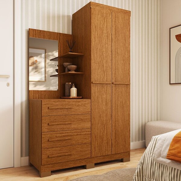 Guarda-roupa Solteiro 2 Portas 4 Gavetas Com Espelho 100% Mdf