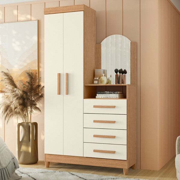 Guarda Roupa Solteiro 2 Portas Com Cômoda 3 Gavetas Com Pés E