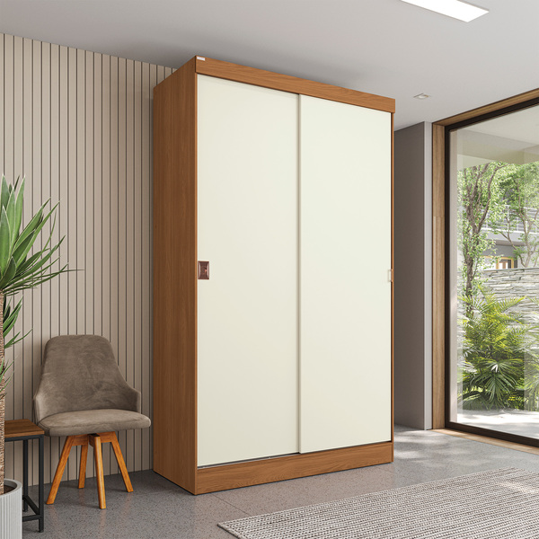 Guarda-Roupa Solteiro 2 Portas de Correr 2 Gavetas MDP Canela e Off Withe 200x120,5x53 Dormitório Bigger Lots Kappesberg