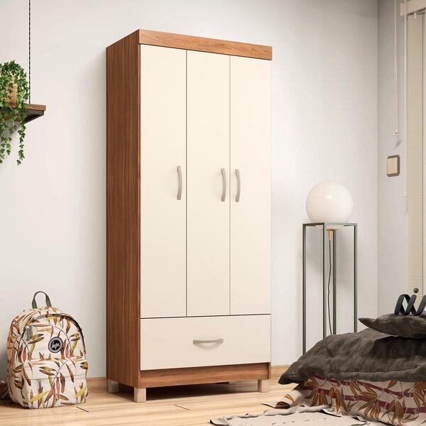 Guarda Roupa Solteiro 3 Portas 1 Gaveta 75 Cm Amêndola Off Wh