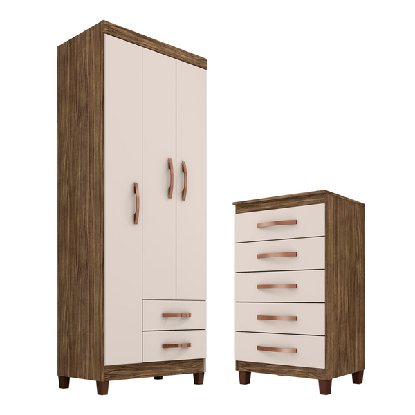 Guarda Roupa Solteiro 3 Portas 2 Gavetas Com Cômoda 5 Gavetas