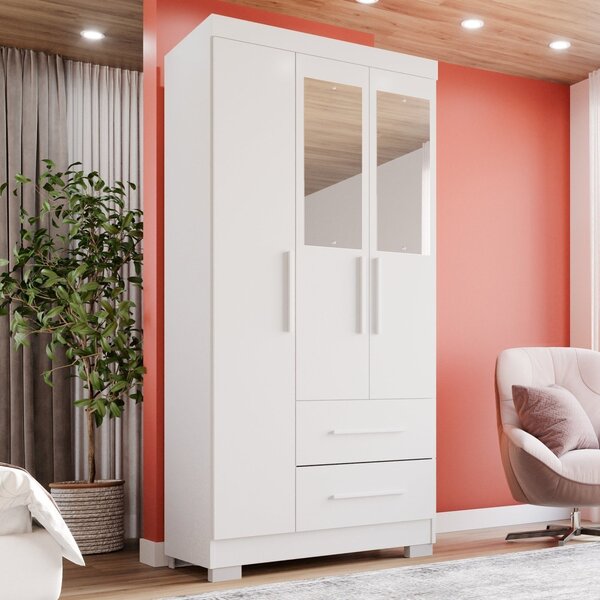 Guarda-roupa Solteiro 3 Portas Com Espelho 2 Gavetas Estrela