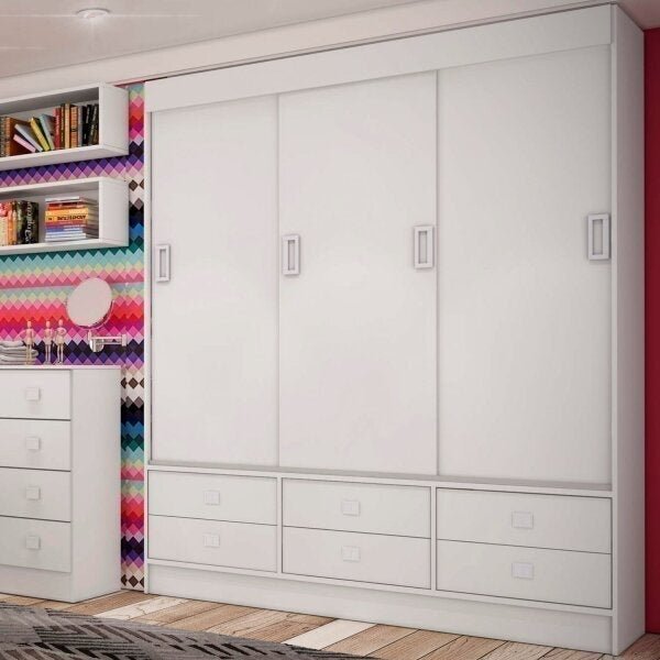 Guarda-roupa Solteiro 3 Portas De Correr 6 Gavetas  Branco