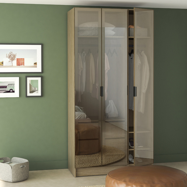 Guarda-Roupa de Solteiro 3 Portas de Abrir com 2 Gavetas MDP Oásis e Reflecta Bronze 243,2x119,6x54cm EVO'M Spaceo
