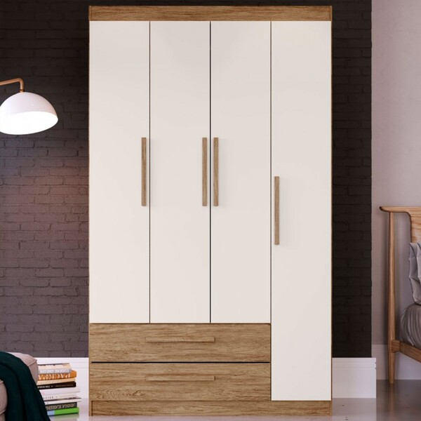 Guarda-roupa Solteiro 4 Portas 2 Gavetas Amarilis Wood/branco