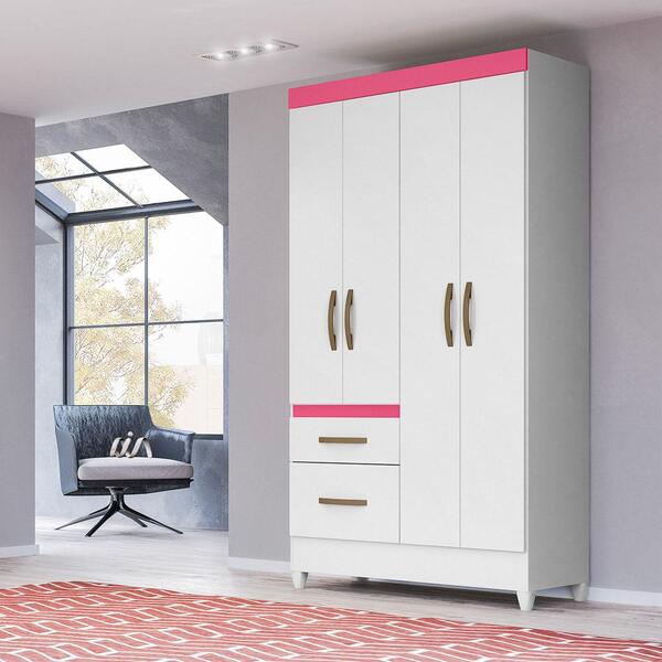 Guarda Roupa Solteiro 4 Portas 2 Gavetas Branco Rosa Flex Man