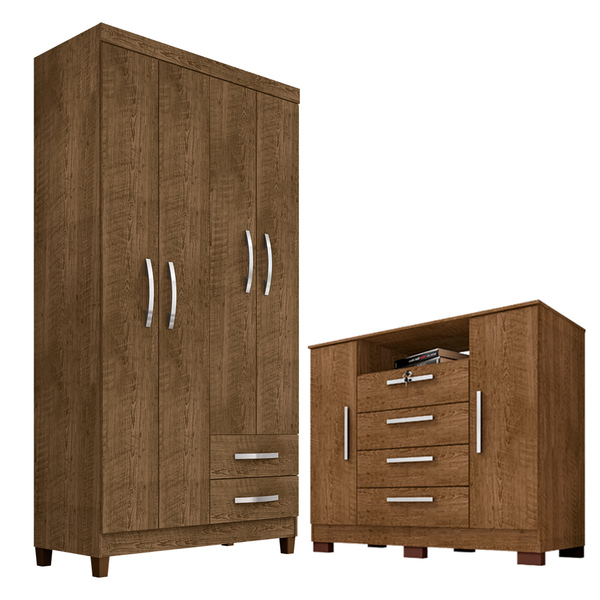 Guarda Roupa Solteiro 4 Portas 2 Gavetas Modena Com Cômoda Ma