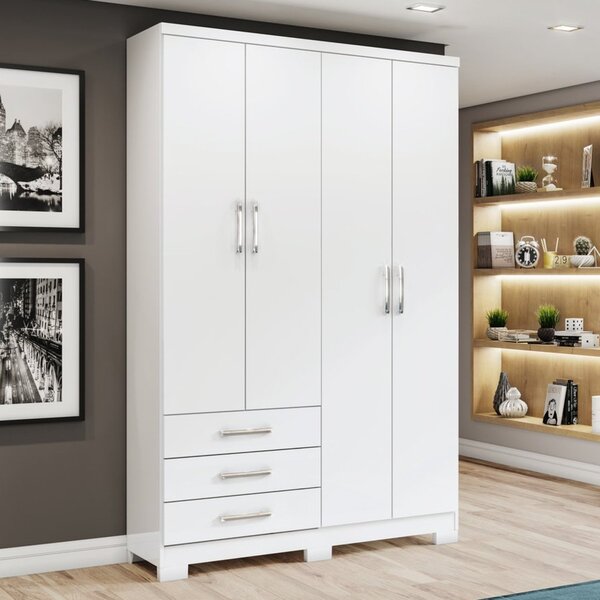 Guarda Roupa Solteiro 4 Portas 3 Gavetas City  Branco