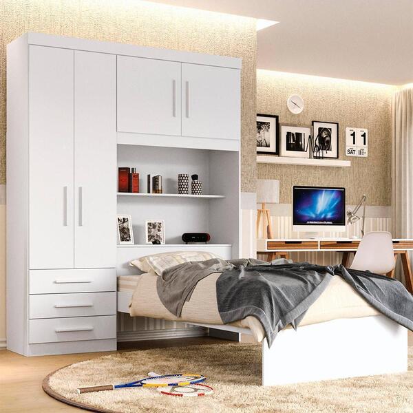 Guarda Roupa Solteiro 4 Portas 3 Gavetas Com Cama Solteiro Fl
