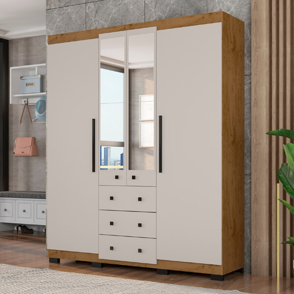 Guarda Roupa Solteiro 4 Portas 3 Gavetas Com Pés E Espelho B2