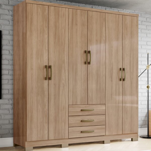 Guarda Roupa Solteiro 6 Portas 3 Gavetas Caju Jequitibá