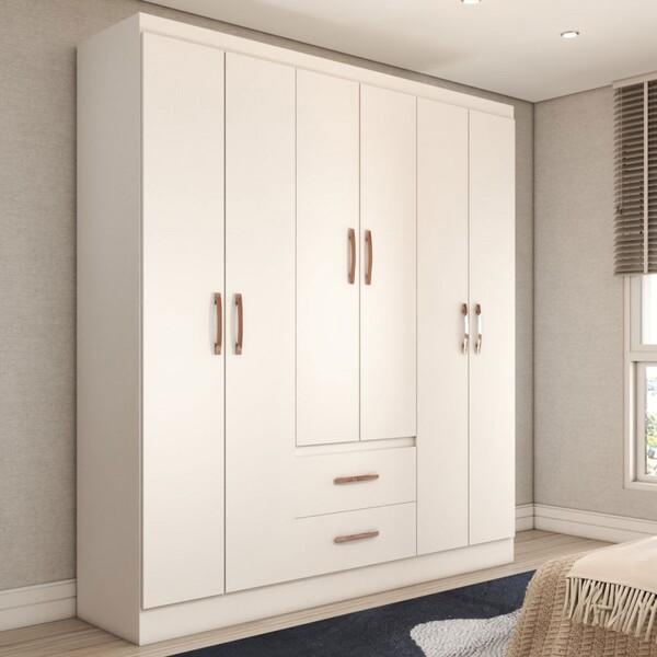 Guarda-roupa Solteiro Belmont 6 Portas 2 Gavetas Branco - Pan