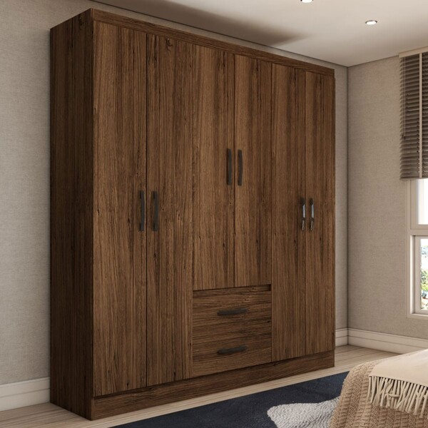 Guarda-roupa Solteiro Belmont 6 Portas 2 Gavetas Castanho - P