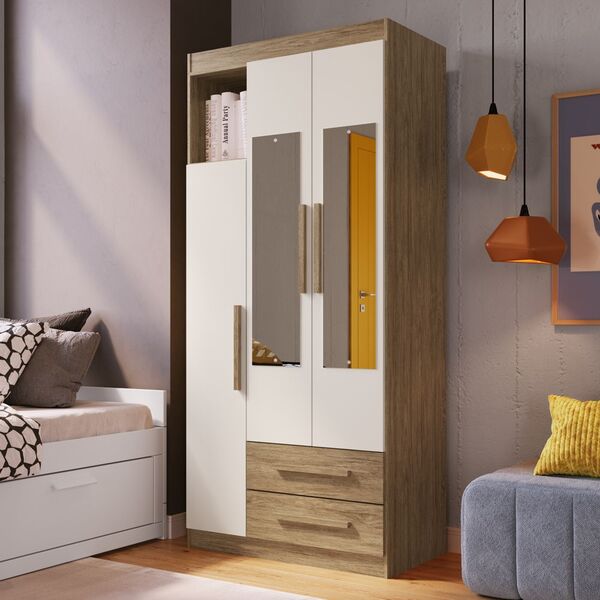 Guarda-roupa Solteiro Bromelia 3 Portas 2 Gavetas Com Espelho