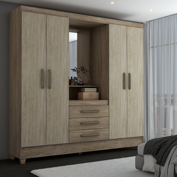 Guarda-roupa Solteiro Capelinha 4 Portas 3 Gavetas Com Espelh