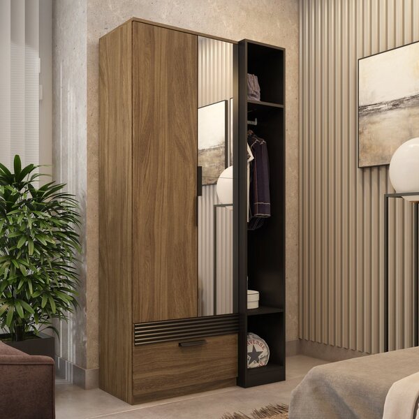 Guarda Roupa Solteiro Com Espelho 2 Portas 1 Gaveta Capri  No