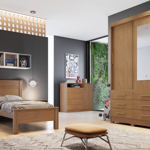 Guarda Roupa Solteiro Com Espelho 2 Portas 6 Gavetas - Buriti