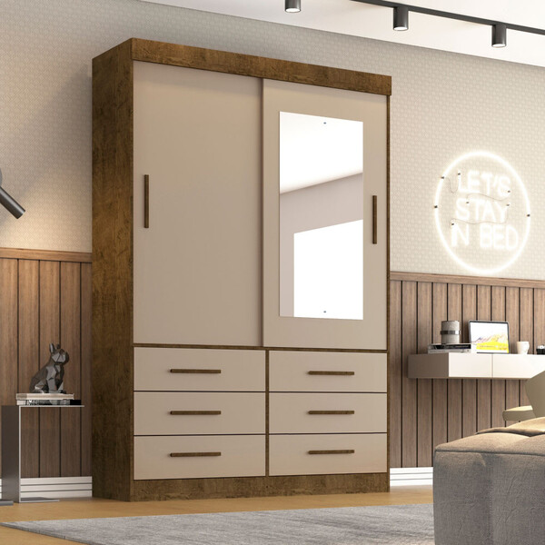 Guarda Roupa Solteiro Com Espelho 2 Portas 6 Gavetas Star Sal