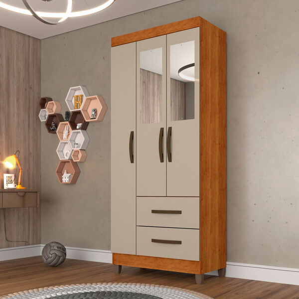 Guarda Roupa Solteiro Com Espelho 3 Portas 2 Gavetas Estrela