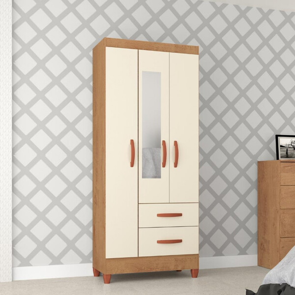 Guarda Roupa Solteiro Com Espelho 3 Portas 2 Gavetas Fortalez