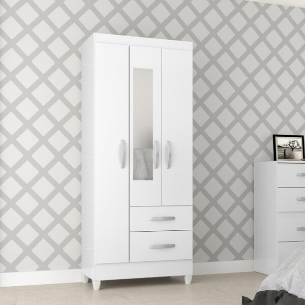 Guarda Roupa Solteiro Com Espelho 3 Portas 2 Gavetas Fortalez