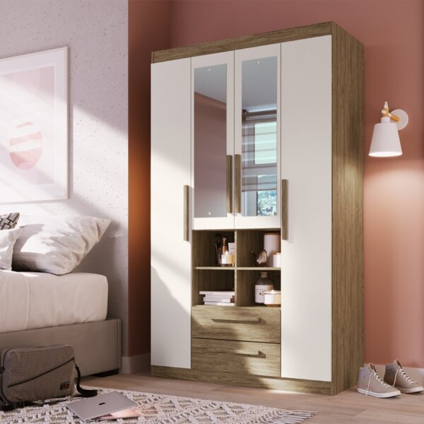 Guarda Roupa Solteiro Com Espelho 4 Portas 2 Gavetas Begônia