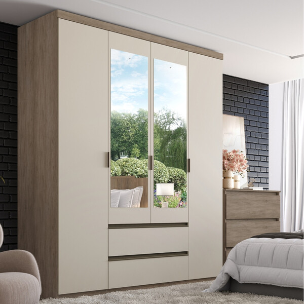 Guarda Roupa Solteiro Com Espelho 4 Portas 2 Gavetas Em Mdf N