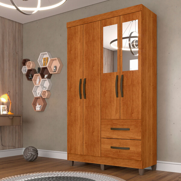 Guarda Roupa Solteiro Com Espelho 4 Portas 2 Gavetas Estrela