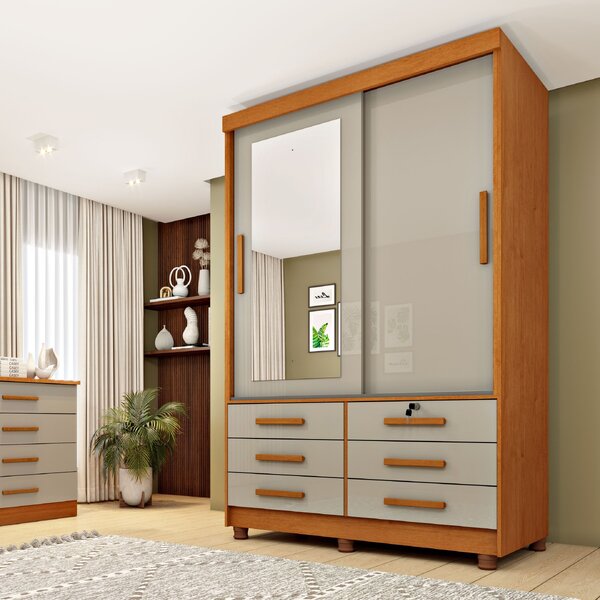 Guarda Roupa Solteiro Com Espelho E Pés 2 Portas 6 Gavetas 13