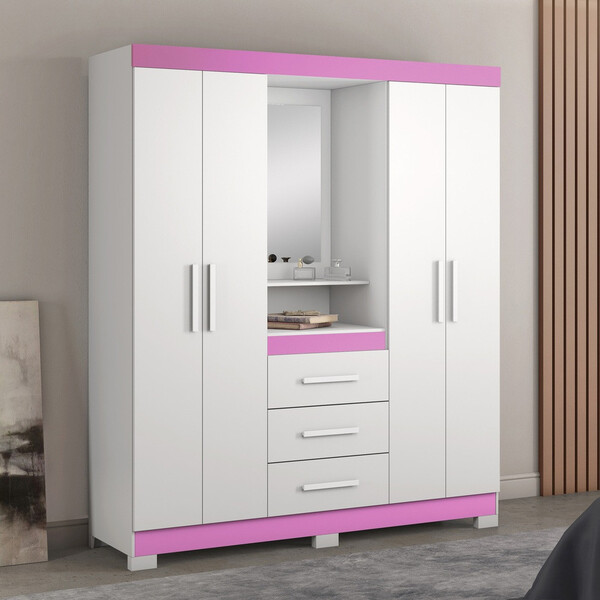 Guarda Roupa Solteiro com Espelho e Pés 4 Portas 3 Gavetas NT