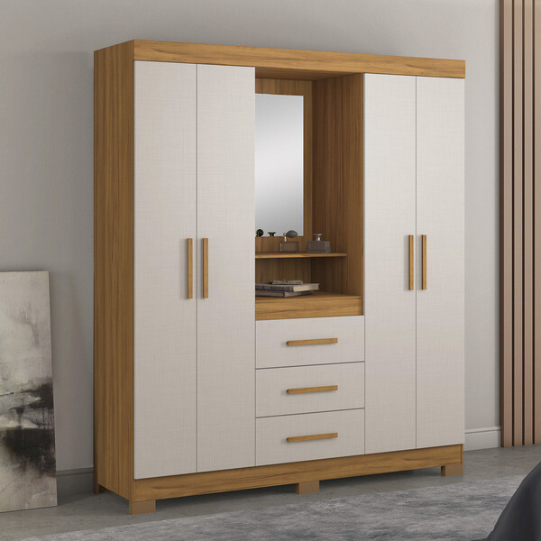 Guarda Roupa Solteiro com Espelho e Pés 4 Portas 3 Gavetas NT