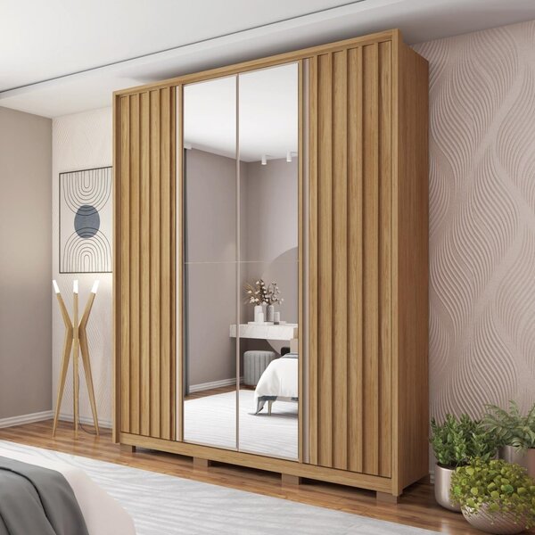 Guarda Roupa Solteiro Com Espelho Ripado 4 Portas 3 Gavetas E