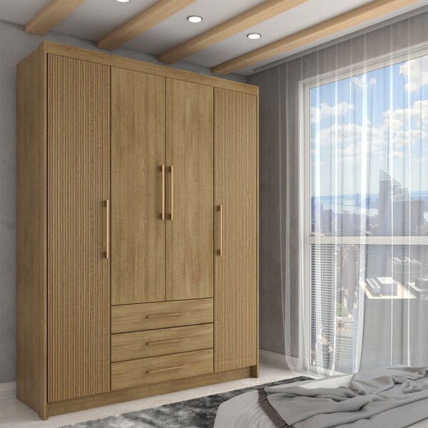 Guarda-roupa Solteiro Contemporâneo 4 Portas 3 Gavetas Nature