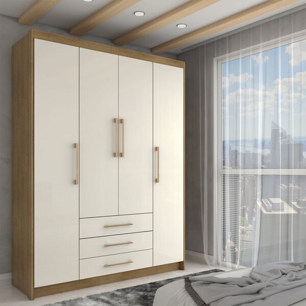 Guarda-roupa Solteiro Contemporâneo 4 Portas 3 Gavetas Nature