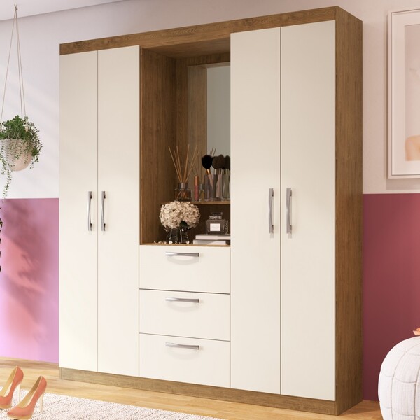 Guarda-roupa Solteiro Denver 4 Portas Com Espelho 3 Gavetas C