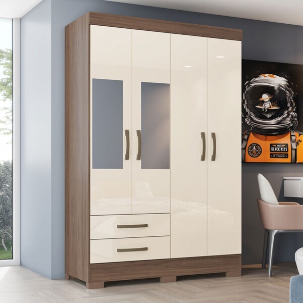 Guarda-roupa Solteiro Fabuloso 4 Portas 2 Gavetas Com Espelho